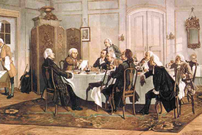 Das historische Vorbild des Bohnenmahls: Der Maler Emil Doerstling hat Kants illustre Tischrunde 1892 in einem Holzstich dargestellt. (Bild: wikicommons)