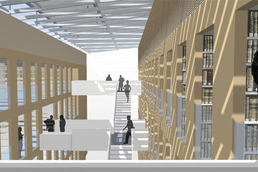 Entwurf zur Innenansicht des Bibliotheks-Neubaus – „Bücher als tragende Pfeiler des Gebäudes"  (Entwurf: Eßmann/Gärtner/Nieper Architekten GbR)
