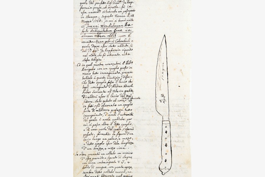 Im Gerichtsprotokoll wurde auch das Messer skizziert, mit dem Winckelmann ermordete wurde.