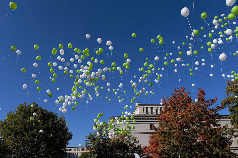 Ein spektakuläres Bild: Ballons in Uni-Farben steigen in den strahlend blauen Himmel auf.